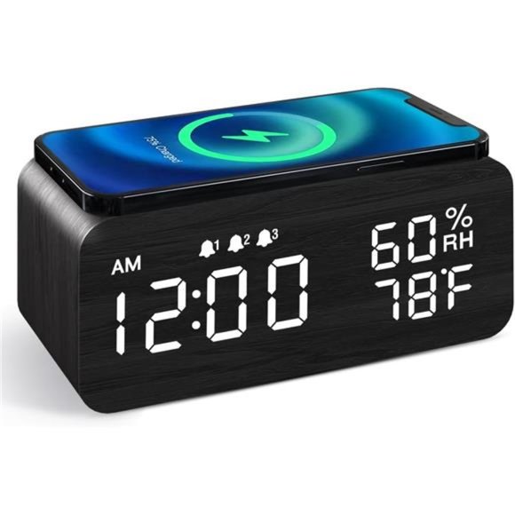 Wooden Digital Alarm Clock with Wireless Charging, Dimmable, Adjustable Volume - Picture 2 of 7
